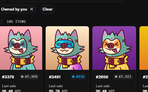 A screenshot of an NFT marketplace displaying cartoon cat character avatars with item numbers like #3379, #3491, and #2658, including one with 'Smooth' sunglasses.