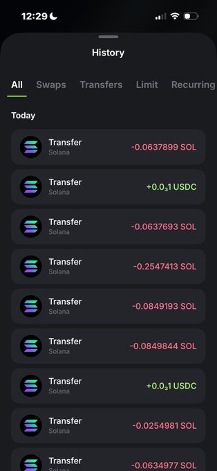 A mobile phone showing a crypto wallet's History tab with multiple Solana (SOL) transfer transactions, including amounts like -0.0637899 SOL, -0.2547413 SOL, and small incoming +0.1 USDC payments, visually documenting the giveaway payouts to the tagged recipients.
