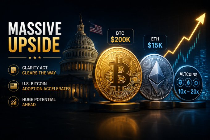 A promotional graphic featuring the U.S. Capitol behind golden Bitcoin and silver Ethereum coins, with text highlighting "MASSIVE UPSIDE" and price targets of "BTC $200K," "ETH $15K," and "ALTCOINS 10x-20x," alongside references to the CLARITY Act and accelerating U.S. Bitcoin adoption—visually reinforcing the post's optimistic outlook on crypto's potential price growth.