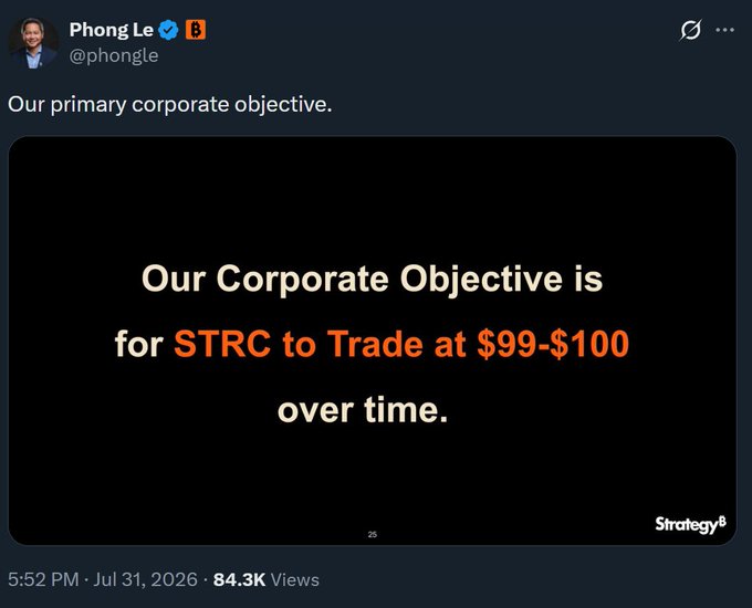 This image shows a tweet from Phong Le about their primary corporate objective being for STRC to trade at $99-$100 over time, which relates to the accompanying post's sarcastic tone about strategy no longer being about Bitcoin.