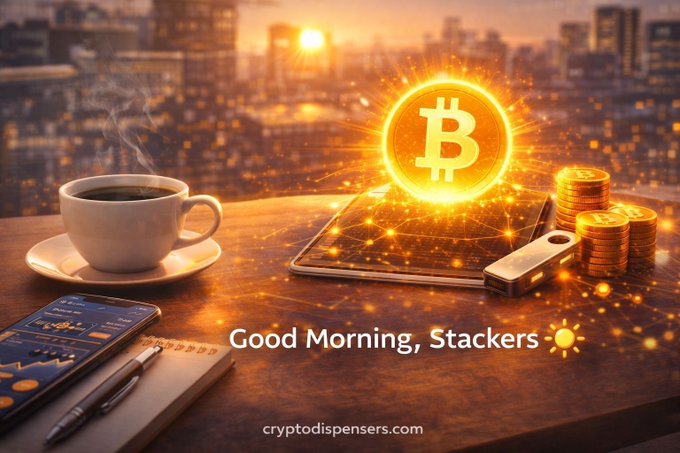 A 'Good Morning, Stackers' crypto-themed graphic showing a glowing Bitcoin symbol on a phone screen, alongside a steaming coffee cup, stacked gold coins, and a tablet displaying trading charts against a city sunset backdrop, branded 'cryptodispensers.com'.