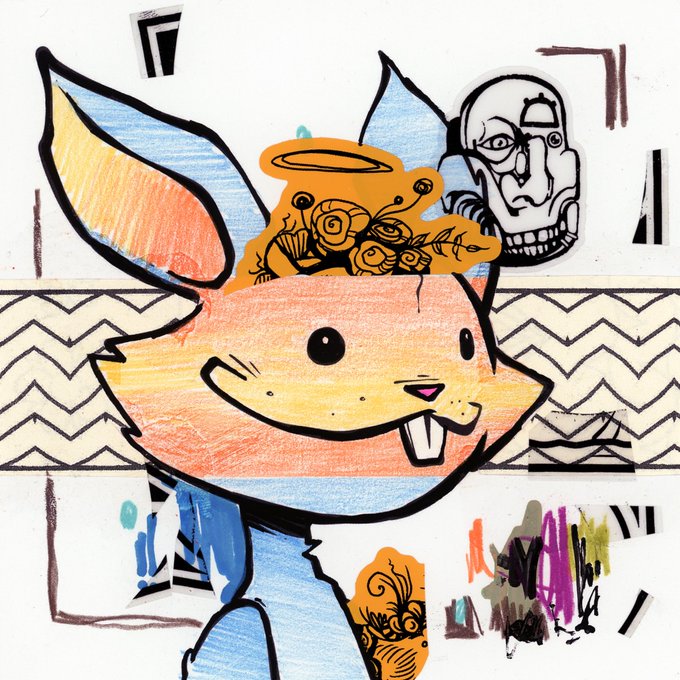 A mixed-media drawing features a cartoonish rabbit-like character with prominent teeth and blue/orange coloring, alongside a sketched skull face and zigzag patterned elements.