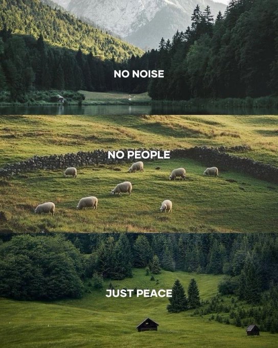 A three-panel landscape graphic with text overlays reading 'NO NOISE' above a mountain lake, 'NO PEOPLE' over sheep grazing in a field, and 'JUST PEACE' over a serene green valley and small wooden cabins.
