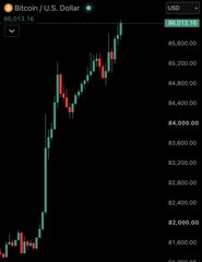 Bitcoin/USD (BTC.D) candlestick price chart showing price levels around 86,013.16 with recent upward price movement visible in green candles.