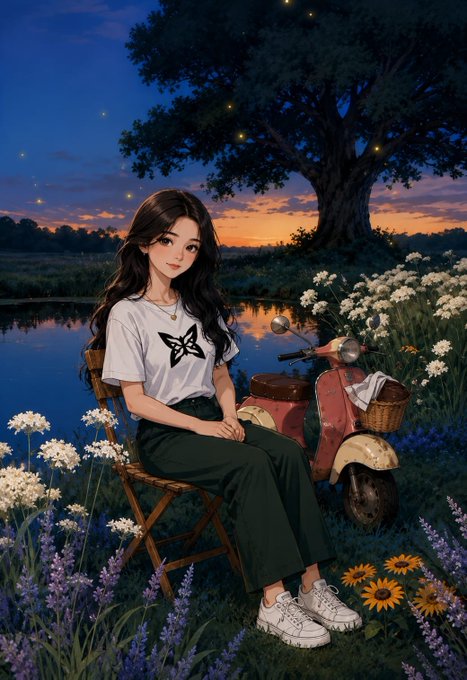 A digital illustration of a young woman with long dark hair sitting on a folding chair in a field of flowers at dusk, with a vintage red scooter parked beside her under a large tree with glowing fireflies.