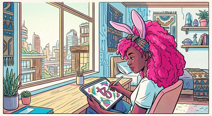 A colorful illustration of a young woman with pink curly hair and bunny ears using a stylus to create digital art on a tablet, with a cityscape visible through her window.