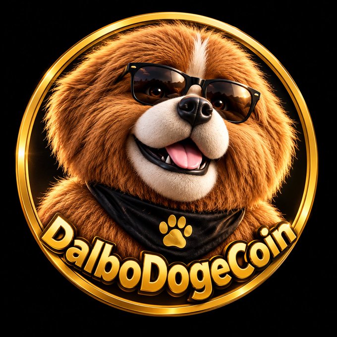 A gold-framed coin-style logo featuring a Chow Chow dog wearing sunglasses and a bandana with a paw print, labeled 'DalboDogeCoin'.