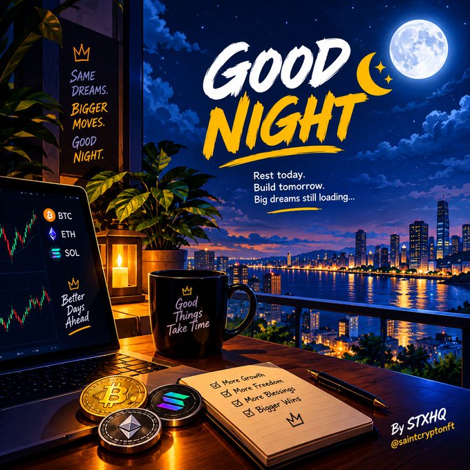 A digital illustration depicting a workspace with a laptop showing BTC, ETH, and SOL crypto charts, a mug reading 'Good Things Take Time', crypto coins, and a notepad, overlaid with text 'Good Night', 'Same Dreams. Bigger Moves. Good Night.', and 'Rest today. Build tomorrow. Big dreams still loading...', credited to 'STXHQ @saintcryptoft'.