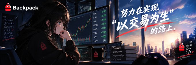 An anime-style promotional graphic for 'Backpack' featuring a woman looking at trading charts with text '努力在实现 "以交易为生" 的路上' and tags for BTC, ETH, SOL, NVDA, AAPL, TSLA, SPY, 24/7.