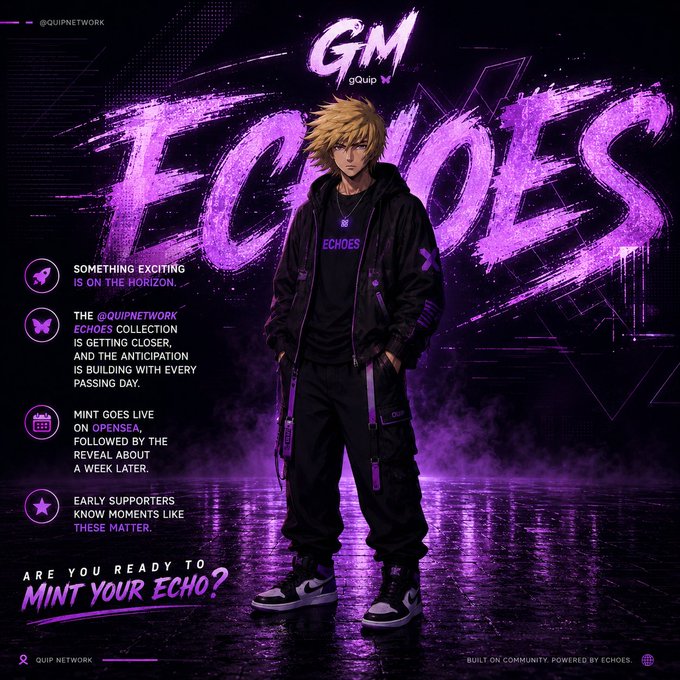 An anime-style promotional graphic for 'ECHOES' collection by QUIP NETWORK, featuring a male character and text 'GM gQuip', 'SOMETHING EXCITING IS ON THE HORIZON', and 'ARE YOU READY TO MINT YOUR ECHO?'.