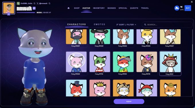 A user profile page from a digital platform shows the username 'mmwalk' with a collection of colorful cartoon animal character avatars, including foxes and cats in various outfits.
