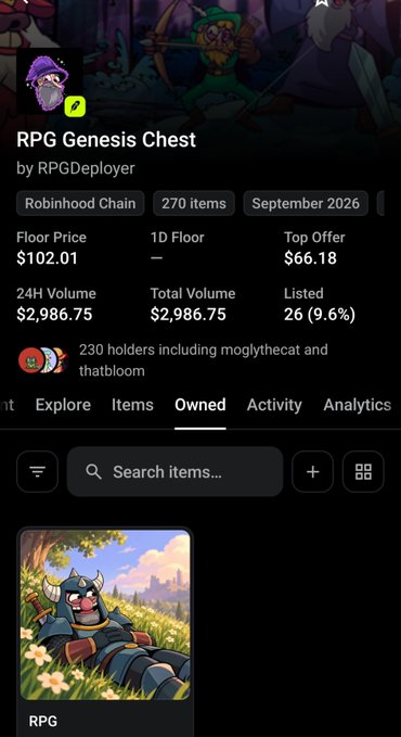 A mobile app screen showing the 'RPG Genesis Chest' by RPGDeployer on Robinhood Chain, with a Floor Price of $102.01, Top Offer of $66.18, and 270 items.
