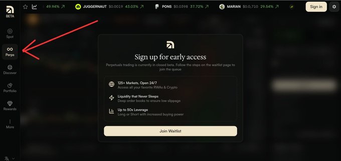The image shows the homepage of Perps (perpetual futures trading) on the Arcus platform, with a red arrow highlighting the "Perps" tab in the left sidebar, where a popup reads "Sign up for early access" indicating it is in closed beta, with a "Join Waitlist" button. The post explains that users' Spot trading volume on Arcus is being used to determine their position on the Perps Waitlist.