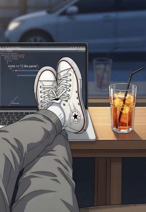 A first-person anime-style view shows someone's feet propped up on a desk next to a laptop displaying code with the text "cout << "I like pasta";", alongside a glass of iced tea with a straw, while a car is visible through the window—capturing a relaxed "gm Degens" vibe of a casual coding session.