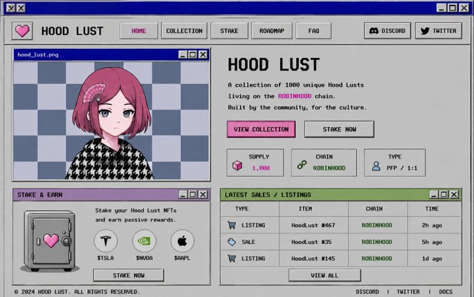 Screenshot of the 'HOOD LUST' NFT collection website with a retro Windows-style interface, showing an anime character with pink hair, a collection of 1000 unique Hood Lusts on the ROBINHOOD chain, and a Latest Sales/Listings table.