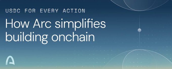 A blue-toned digital banner reading 'USDC FOR EVERY ACTION - How Arc simplifies building onchain' with the Arc logo.