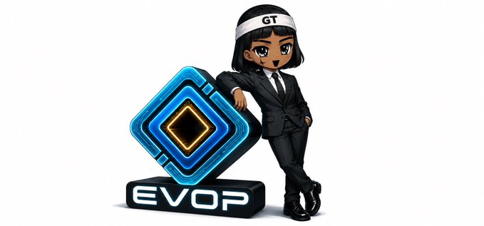 An anime-style mascot in a black suit and 'GT' headband leaning on a glowing blue diamond-shaped 'EVOP' logo.