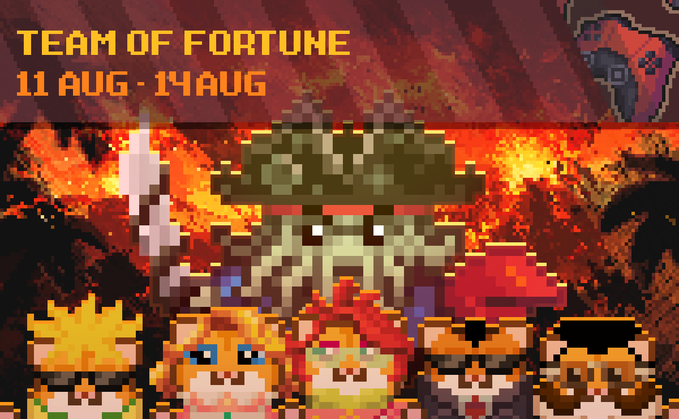 A pixel-art promotional banner titled "TEAM OF FORTUNE" featuring the dates "11 AUG - 14 AUG" displays a squad of mining characters—including a miner, fox, and fellow miners—marching with weapons through a fiery, battle-themed background, tying into the post's call to recruit mining power with bonuses of 45,000,000 Gh/s and 5,000,000,000 Gh/s plus ETH deposit discounts.