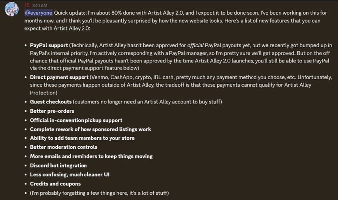 A Discord message from @everyone announces an update on Artist Alley 2.0, listing new features including PayPal support, direct payment support, guest checkouts, better pre-orders, and Discord bot integration.