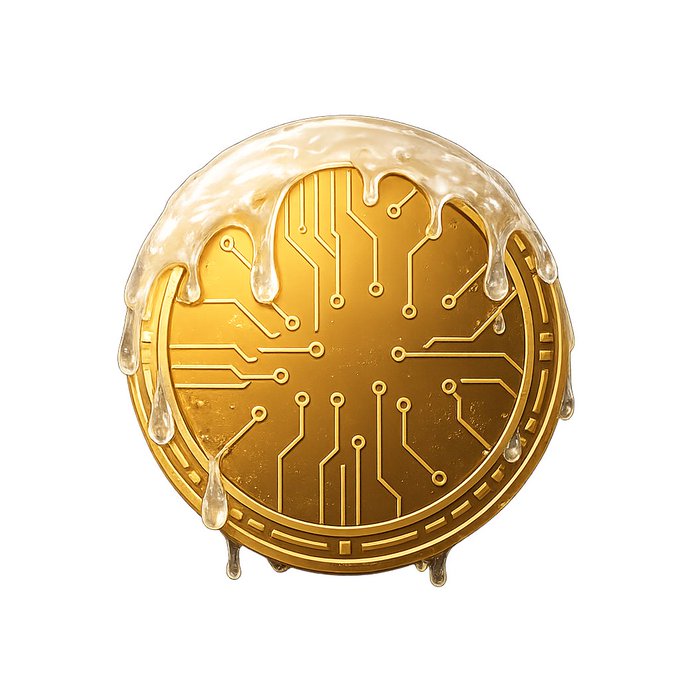 A digital illustration of a gold cryptocurrency coin with circuit board patterns, covered in a dripping, honey-like substance.