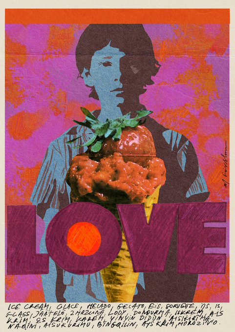 A colorful poster-style artwork features a silhouetted figure with a blue face holding a melting ice cream cone, overlaid with the word 'LOVE' and handwritten ingredients list at the bottom.
