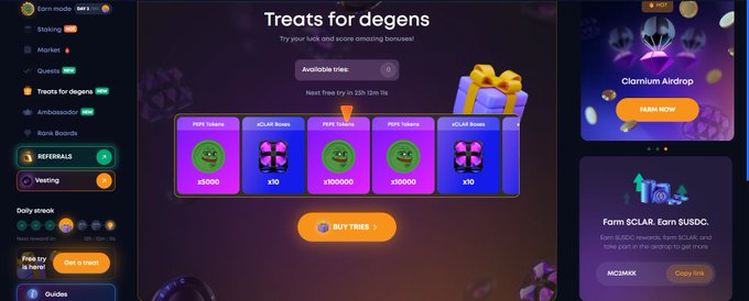 The image features a website called @clarnium_io with a focus on treating players for deegens. The website has a dark purple background, which contrasts with the white text displayed on the screen. There are several options available for players to choose from, including "Treats", "DEGEN", and "Treats for Deegens". The website also offers prizes such as "PEPE tokens" and "xCLAR boxes prizes", indicating that it is a game with in-game currency. The post about the website encourages players to spin the wheel, which will determine their chances of winning these prizes.