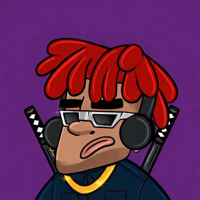 A cartoon illustration of a character with red dreadlock-style hair, silver sunglasses, black headphones, a gold chain, and crossed batons on their back, set against a purple background.