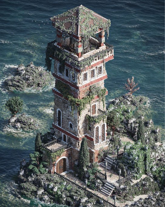 A detailed digital rendering or miniature of an old, multi-tiered brick tower overgrown with ivy and plants, situated on a rocky outcrop surrounded by ocean water.
