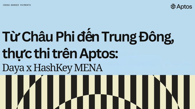 A promotional graphic with text in Vietnamese about cross-border payments from South America to the Middle East, 'Từ Châu Phi đến Trung Đông, thực thi trên Aptos: Daya x HashKey MENA', featuring the Aptos logo.