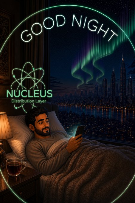 A 'GOOD NIGHT' stylized graphic featuring the 'NUCLEUS Distribution Layer' logo with an atomic symbol, depicting a man with a beard lying in bed looking at his phone, with a window showing a city skyline and aurora borealis in the background.
