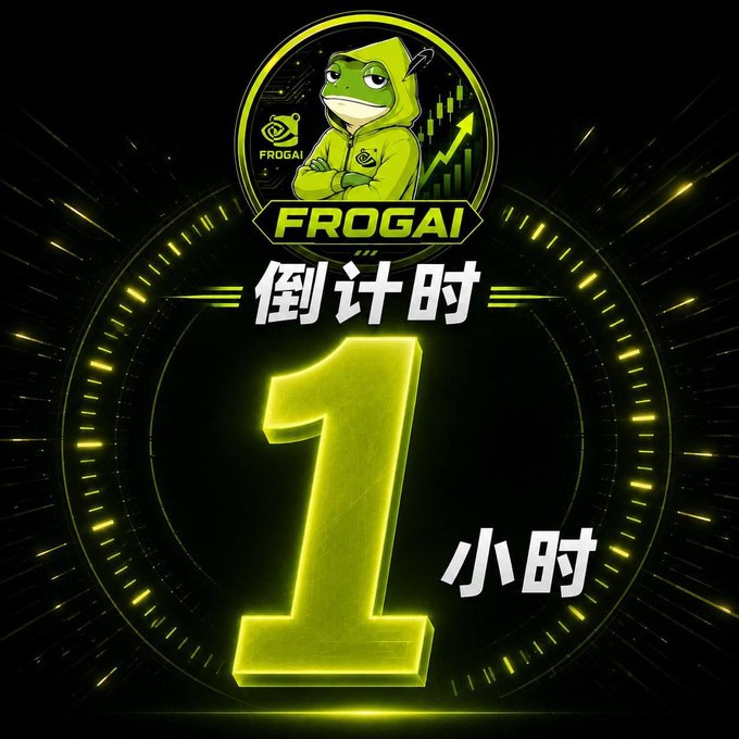 A "FROGAI" countdown graphic featuring a green frog mascot in a hoodie with an upward trend chart, displaying large yellow text "倒计时" (Countdown) and the number "1" with "小时" (hour) beside it, indicating one hour remaining until the launch mentioned in the post about FROGAI's community-first fair launch approach.