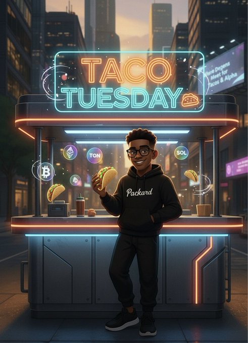 A digital illustration shows a young man in a black hoodie labeled "Packard" holding a taco at a futuristic "TACO TUESDAY" food stand, surrounded by cryptocurrency icons including TON and SOL.
