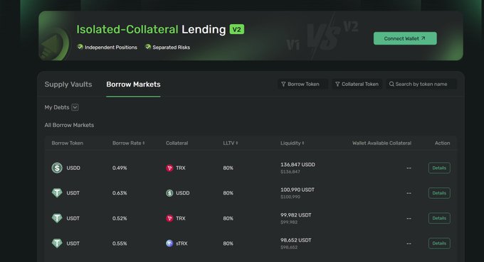 The image shows a screenshot of a webpage that appears to be related to Bitcoin or Ethereum token trading. It features an interface with a list of cryptocurrency wallets and a comparison between two different token pools: the one being compared with the vault in its screen, which is labeled as "Why TRX VAULT V2 matters for justlend DAO and TRON DEFI TRX Vault V2 introduces a more structured liquidity framework within SBM V2". The webpage also includes some text boxes providing additional information about these token pools.