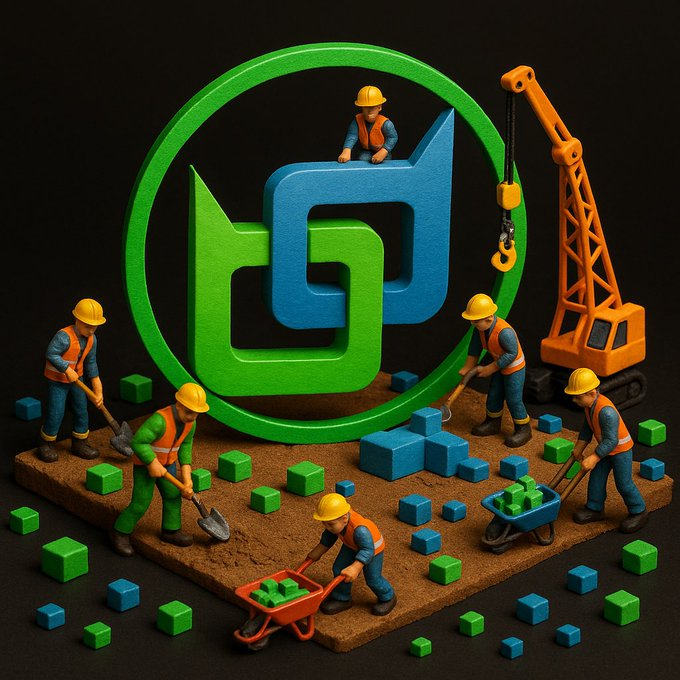 A miniature construction crew works around a stylized blue and green logo resembling intertwined letters, with workers digging, hauling cubes, and operating an orange crane on a dirt platform surrounded by scattered green and blue blocks.