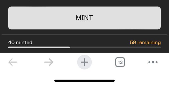 A mobile app screenshot showing a 'MINT' button with a progress bar indicating '40 minted' and '59 remaining' below it.