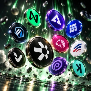 A dynamic cluster of glowing cryptocurrency coin icons—including symbols resembling NEAR, UNI, PYTH, and AERO—floats amid green energy beams and shattered glass effects, visually representing the explosive momentum of the top 10 performing altcoins like $QNT, $AKE, and $KAS.