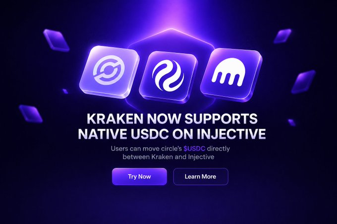 A promotional graphic with a dark purple background featuring three icons and the text 'KRAKEN NOW SUPPORTS NATIVE USDC ON INJECTIVE' with 'Users can move circle's $USDC directly between Kraken and Injective' and 'Try Now' and 'Learn More' buttons.