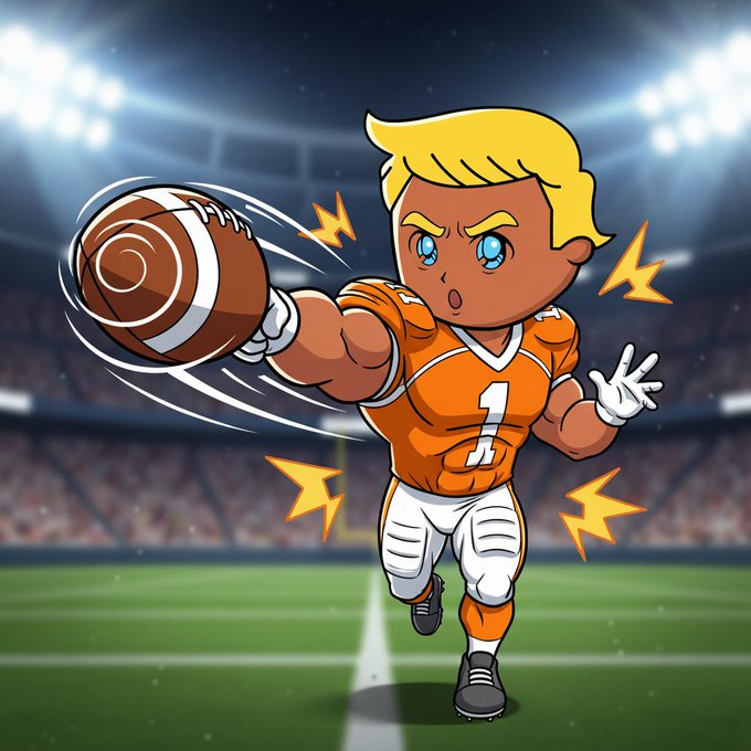 A cartoon illustration of a blonde, blue-eyed character in an orange football jersey (#1) throwing a football in a stadium.