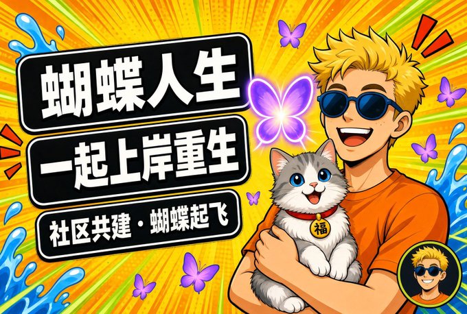 A colorful cartoon-style graphic featuring a blonde man in sunglasses holding a fluffy cat with a '福' (fortune) tag, with Chinese text including '蝴蝶人生' (Butterfly Life), '一起上岸重生' (Reborn Together), and '社区共建·蝴蝶起飞' (Community Building·Butterfly Takes Flight).