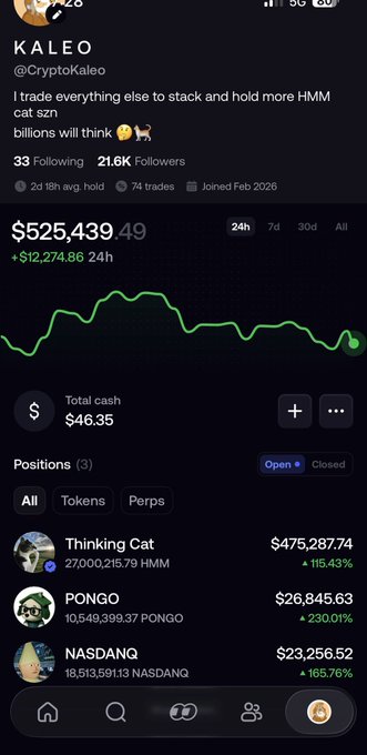 A mobile screenshot of the KALEO (@CryptoKaleo) profile on fomo.family shows a portfolio valued at $525,439.49, up $12,274.86 over 24 hours, with a total cash balance of $46.35 and positions in Thinking Cat ($475,287.74), PONGO ($26,845.63), and NASDANQ ($23,256.52). The image aligns with the post's message of bullish conviction on $HMM, as the Thinking Cat position alone represents the bulk of the gains referenced in the caption.
