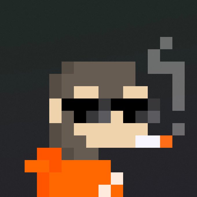 A pixel art illustration of a bearded character smoking a cigarette and wearing sunglasses alongside an orange figure, representing the "sagamonkes" NFT collection associated with Solana as mentioned in the post.