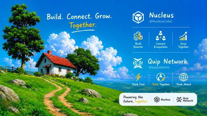 An advertisement showing a small house on a green hill under a blue sky, promoting 'Build. Connect. Grow. Together.' for 'Nucleus' (@NucleusCodes) and 'Quip Network' (@quipnetwork).