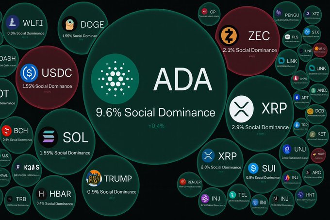 A bubble chart visualization displays various cryptocurrencies ranked by social dominance, with Cardano ($ADA) prominently featured at the center showing 9.6% social dominance, making it the largest bubble on the chart and significantly larger than competitors like XRP (2.9%), ZEC (2.1%), USDC (1.55%), SOL (1.55%), and DOGE (1.55%). The image visually reinforces the post's claim about Cardano's growing buzz by illustrating its dominant position in social media conversations compared to other major crypto assets.