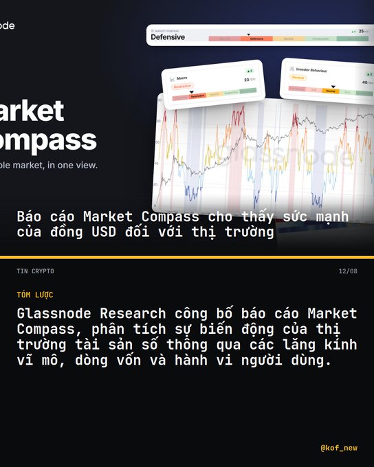 An infographic about Glassnode Research's Market Compass report analyzing USD strength against the crypto market through macro, capital, and behavioral lenses, with Vietnamese text overlay dated 12/08 from @kof_new.