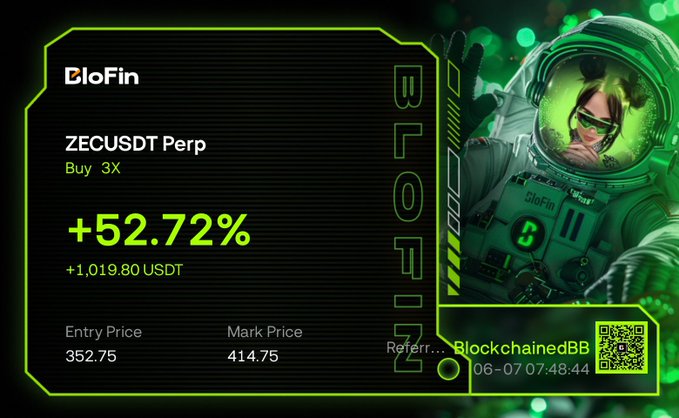 The image features a poster with a green background, featuring an illustration of a person wearing a spacesuit and holding a gun. Below this image, there's text that reads "Y'all be ignoring free money $ZECUSDT". The poster also includes a blockchain logo in the bottom right corner.