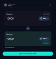 A dark UI showing token purchase fields with 'Currency' and 'Amount' both set to 10000, featuring a green 'Connect Wallet Now' button.