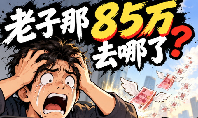 An anime-style illustration of a panicked man clutching his head, with flying yuan banknotes and large Chinese text asking 'Where did my 850,000 go?'