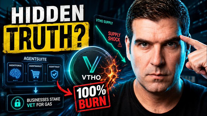 A YouTube-style thumbnail with the text 'HIDDEN TRUTH?' showing a man pointing to his temple, alongside VTHO (VeChain) graphics including 'VTHO SUPPLY,' 'SUPPLY SHOCK,' '100% BURN,' and an 'AGENTSUITE' diagram with AgentForge, AgentMarket, and AgentTrust.