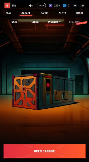 A mobile game interface showing a 'GARAGE' menu with an 'INVENTORY' tab selected, displaying a teal and orange 'OPEN CARBOX' button at the bottom.