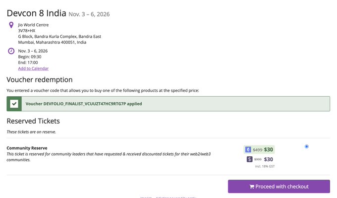 A booking confirmation for 'Devcon 8 India' from Nov. 3-6, 2026 at Jio World Centre in Mumbai, showing a voucher applied 'DEVFOLIO_FINALIST_VCU2ZT47HC9RTG7P' with a Community Reserve ticket price of $30 (originally $499).